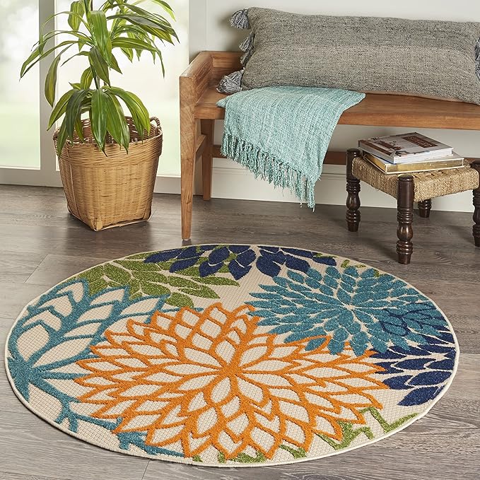 Nourison Home Aloha Indoor/Outdoor Multicolor 5'3'' x Round Area--Rug, Tropical, Botanical, Easy--Cleaning, Non Shedding, Bed Room, Living Room, Dining Room, Deck, Backyard, Patio (5 Round)
