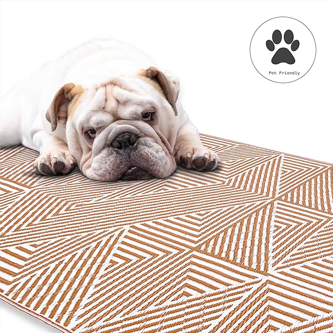 Fab Habitat Outdoor Rug - Waterproof, Fade Resistant, Crease-Free - Premium Recycled Plastic - Modern Geometric - Porch, Deck, Balcony, Mudroom, Laundry Room, Patio - Tokyo - Burnt Orange - 3 x 5 ft