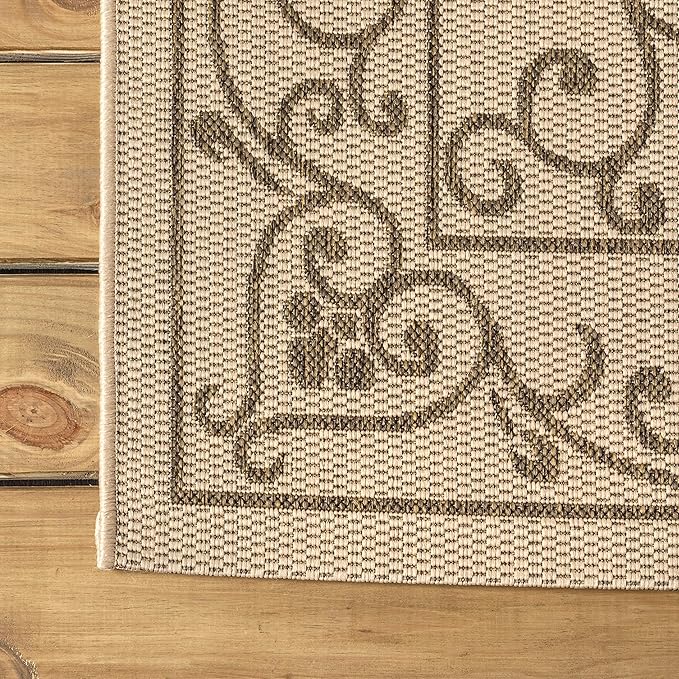 JONATHAN Y Vintage Filigree Indoor Outdoor Round Area Rug 9 Ft Beige/Brown, Charleston Textured Weave for Backyard, Patio, Porch, Easy-Cleaning, High Traffic, Pet-Friendly, Non-Shedding (SMB106A-9R)