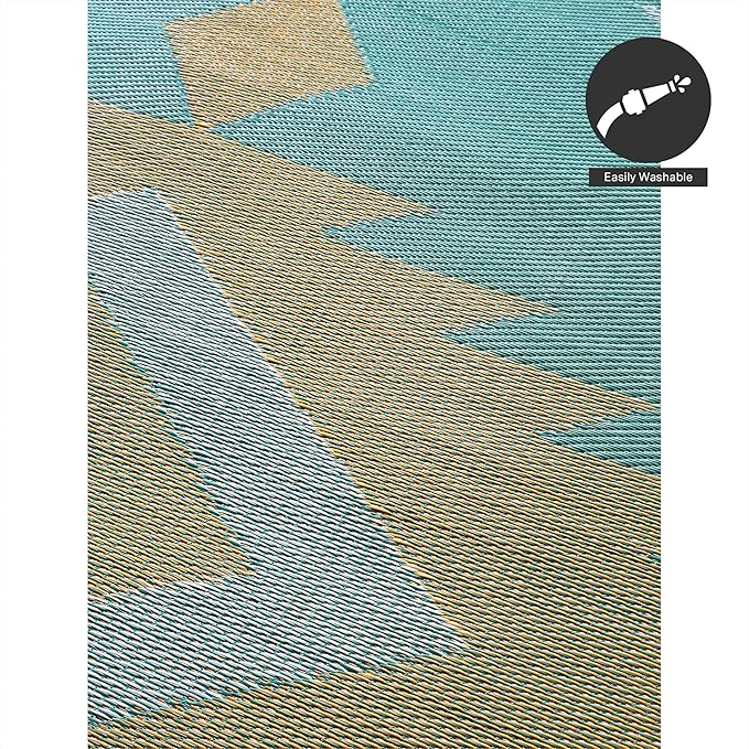FH Home Outdoor Rug - Waterproof, Fade Resistant, Reversible - Premium Recycled Plastic - Geometric - Patio, Deck, Porch, Balcony - Bursa Kilim - Teal Crease Free - 4 x 6 ft