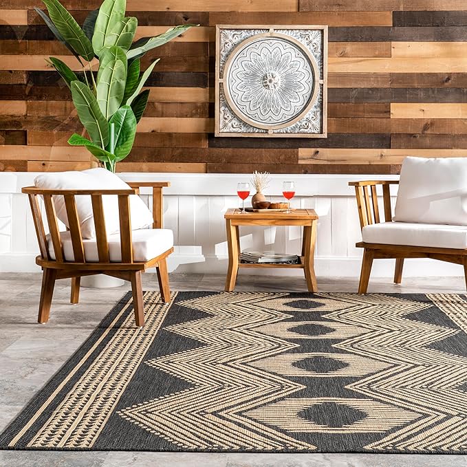 nuLOOM 8' x 10' Outdoor Tribal Geometric Area Rug, Stain Resistant, Weather Resistant, High Traffic, Patio, Balcony, Outside, Ranya Dark Grey