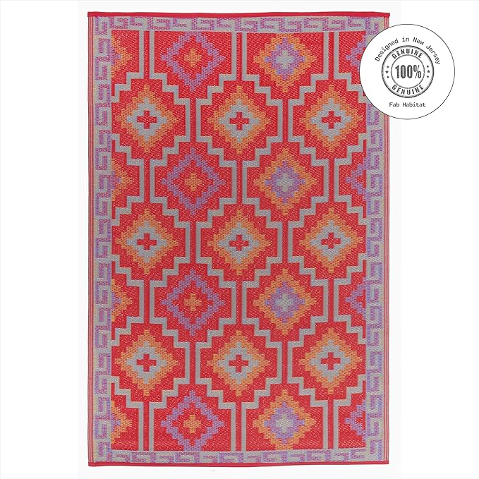 Fab Habitat Outdoor Rug - Waterproof, Fade Resistant, Crease-Free - Premium Recycled Plastic - Vintage Boho Kilim - Patio, Deck, Porch, Balcony, Laundry Room - Lhasa - Orange & Violet - 4 x 6 ft