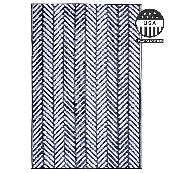 FH Home Outdoor Rug - Waterproof, Fade Resistant, Reversible - Premium Recycled Plastic - Herringbone - Large Patio, Deck, Sunroom, Camping, RV - Fresno - Navy Crease Free - 6 x 9 ft