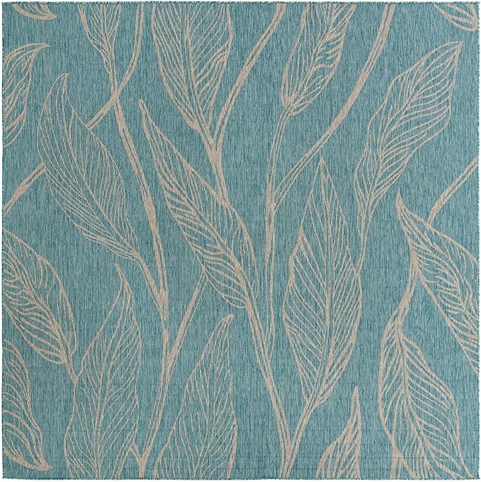 Unique Loom Outdoor Botanical Collection Area Rug - Leaf (10' 8" Square, Light Aqua/ Ivory)