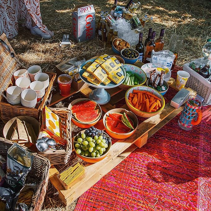 Talking Tables Red Boho Woven Waterproof Outdoor Rug - Plastic, Lightweight & Non Slip Mat - for Garden, Patio, Decking, Bathroom, Utility, Picnic