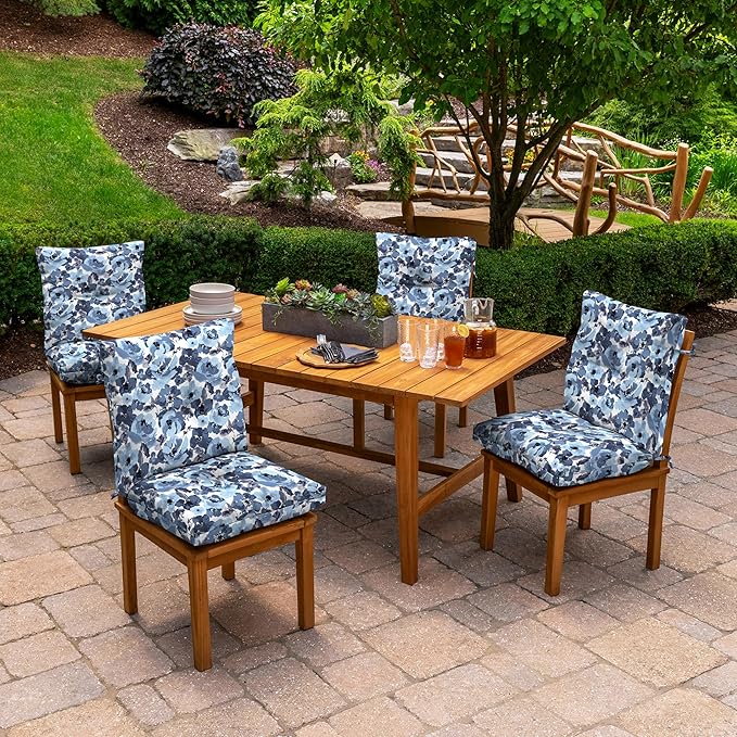 Arden Outdoor Plush Modern Tufted Blowfill Dining Chair Cushion, 21 x 40, Water Repellent, Fade Resistant, Tufted Cushion for Dining and Bistro Chairs, Blue Garden Floral