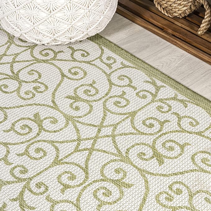JONATHAN Y Vintage Filigree Indoor Outdoor Square Area Rug 5X5 Green/Cream, Madrid Textured Weave for Backyard, Patio, Porch, Easy-Cleaning, High Traffic, Pet-Friendly, Non-Shedding (SMB107H-5SQ)