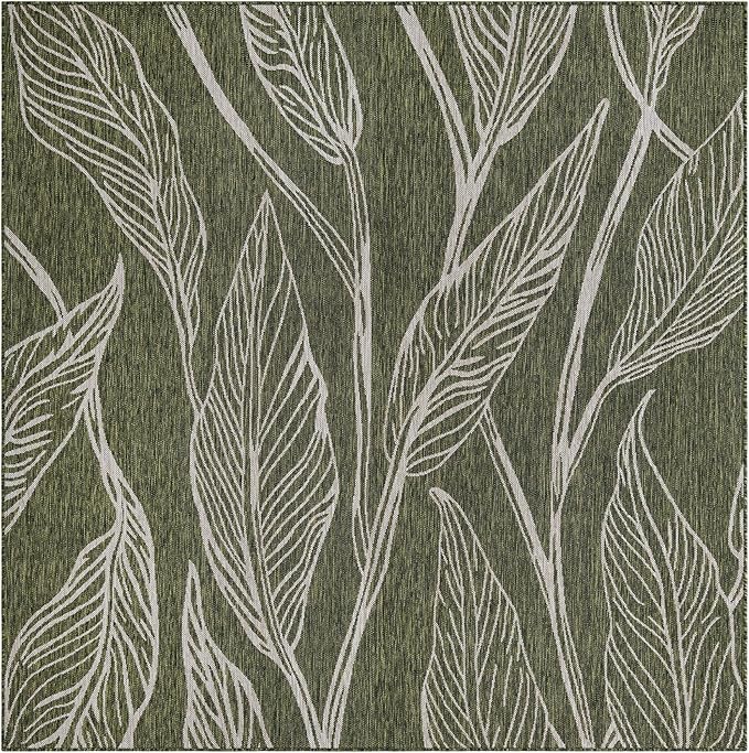 Unique Loom Outdoor Botanical Collection Area Rug - Leaf (7' 10" Square Green/Ivory)