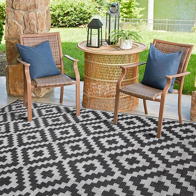 Utopia Home Waterproof Outdoor Rug for Patio 6 x 9 ft, Reversible Plastic Straw Mat for Camping, Picnics, Balcony, Patio, Diamond - Black & Grey