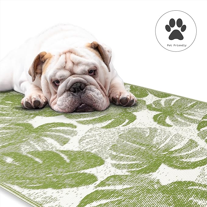 Fab Habitat Outdoor Rug - Waterproof, Fade Resistant, Crease-Free - Premium Recycled Plastic - Tropical Palm Leaf Botanical - Patio, Porch, Deck, Balcony - Panama - Green - 5 x 8 ft
