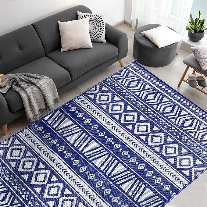 Utopia Home Waterproof Outdoor Rug for Patio 6 x 9 ft, Reversible Plastic Straw Mat for Camping, Picnics, Balcony, Patio, Aztec - Navy & White