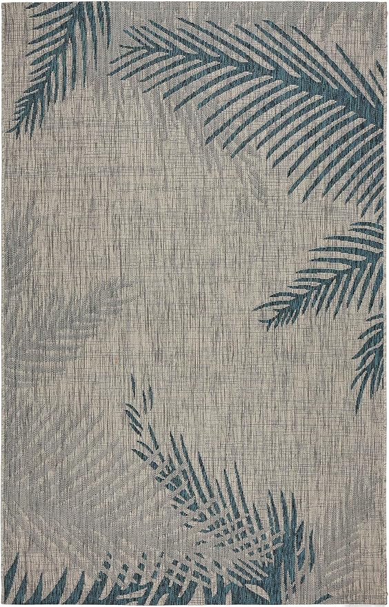 LR Home Captiva 5x7 Indoor/Outdoor Area Rug for Home Decor | Coastal Palm Leaf Carpet for Living Room, Bedroom, Playroom, Patio, Garden | Modern Farmhouse Rug | Blue/Beige