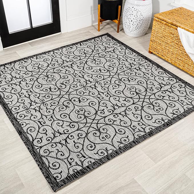 JONATHAN Y Vintage Filigree Indoor Outdoor Square Area Rug 8X8 Light Gray/Black, Madrid Textured Weave for Backyard, Patio, Porch, Easy-Cleaning, High Traffic, Pet-Friendly, Non-Shedding SMB107E-8SQ