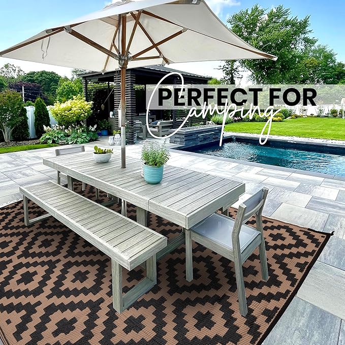 Utopia Home Waterproof Outdoor Rug for Patio 6 x 9 ft, Reversible Plastic Straw Mat for Camping, Picnics, Balcony, Patio, Diamond - Black & Brown
