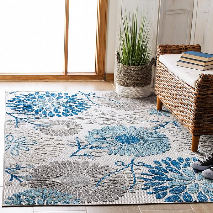 SAFAVIEH Washable Rug Outdoor Cabana Collection - 5'3" x 7'6", Grey & Blue, Non-Shedding & Easy to Clean, Ideal for Patio, Backyard, Mudroom (CBN832F)