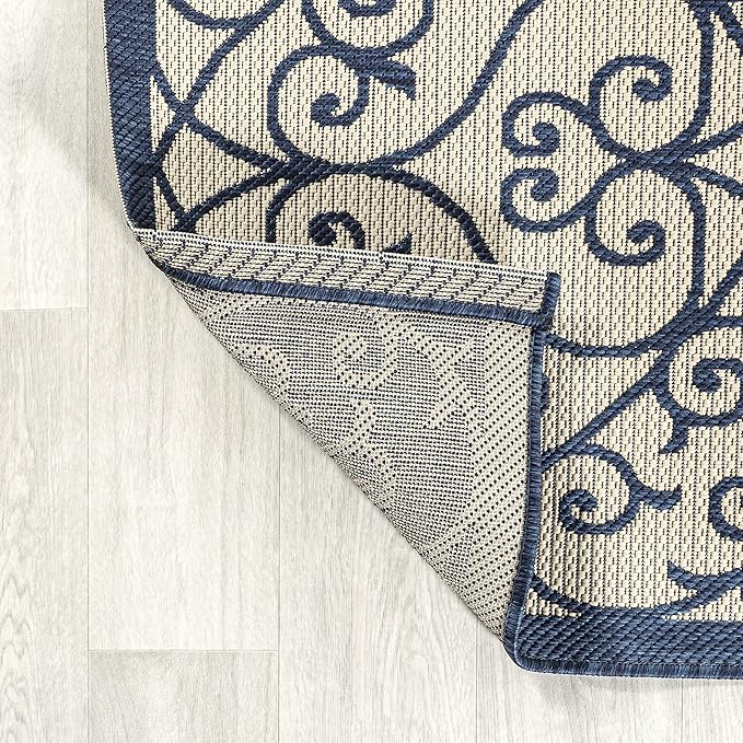 JONATHAN Y Vintage Filigree Indoor Outdoor Runner Rug 2X10 Navy/Beige, Madrid Textured Weave for Backyard, Patio, Porch, Easy-Cleaning, High Traffic, Pet-Friendly, Non-Shedding (SMB107G-210)