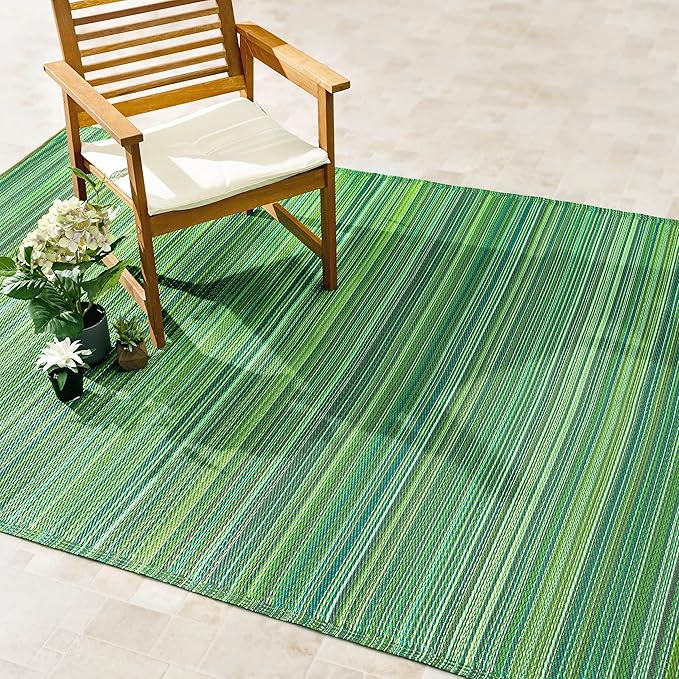 Fab Habitat Striped Outdoor Rug - Waterproof, Fade Resistant, Crease-Free, Reversible - Premium Recycled Plastic - Patio Porch Balcony Deck - Cancun Green - 8x10 ft