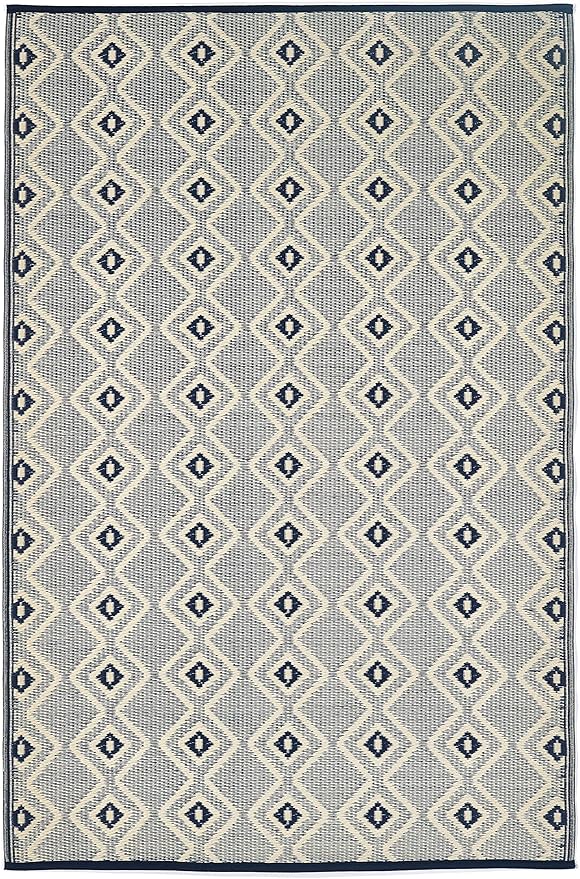 Fab Habitat Outdoor Rug - Waterproof, Fade Resistant, Crease-Free - Premium Recycled Plastic - Boho Geometric Diamond - Patio, Deck, Porch, Balcony, Laundry Room - Rabat - Blue & Cream - 4 x 6 ft