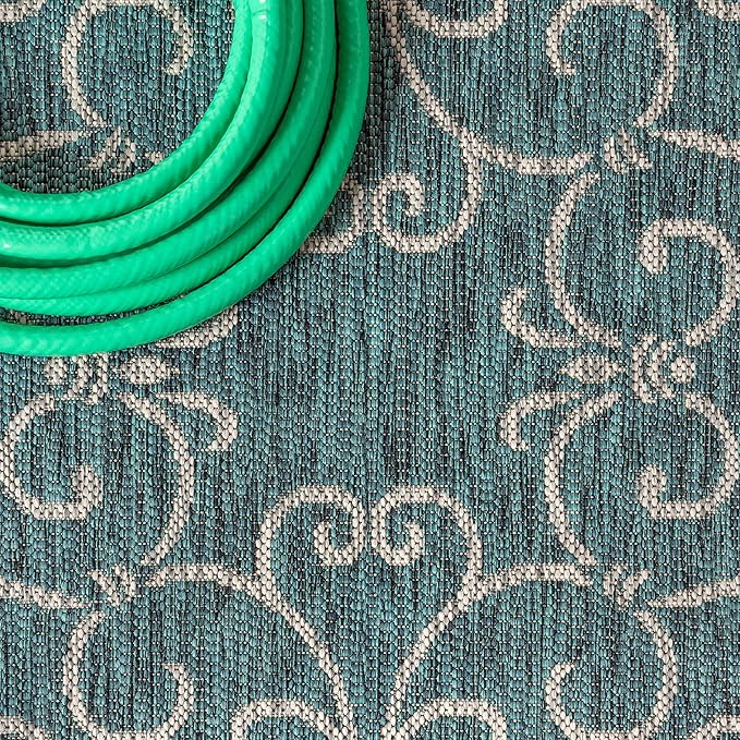JONATHAN Y Vintage Filigree Indoor Outdoor Round Area Rug 5 Ft Teal/Gray, Charleston Textured Weave for Backyard, Patio, Porch, Easy-Cleaning, High Traffic, Pet-Friendly, Non-Shedding (SMB106F-5R)