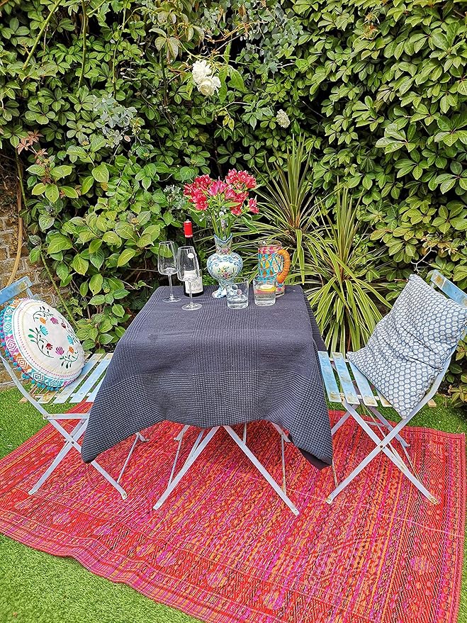Talking Tables Red Boho Woven Waterproof Outdoor Rug - Plastic, Lightweight & Non Slip Mat - for Garden, Patio, Decking, Bathroom, Utility, Picnic