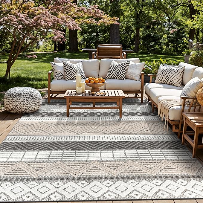 Rugshop Gray Marbella Boho Indoor/Outdoor Area Rug, Machine Washable for Backyard, Deck and Outdoor Lounge 9' x 12'