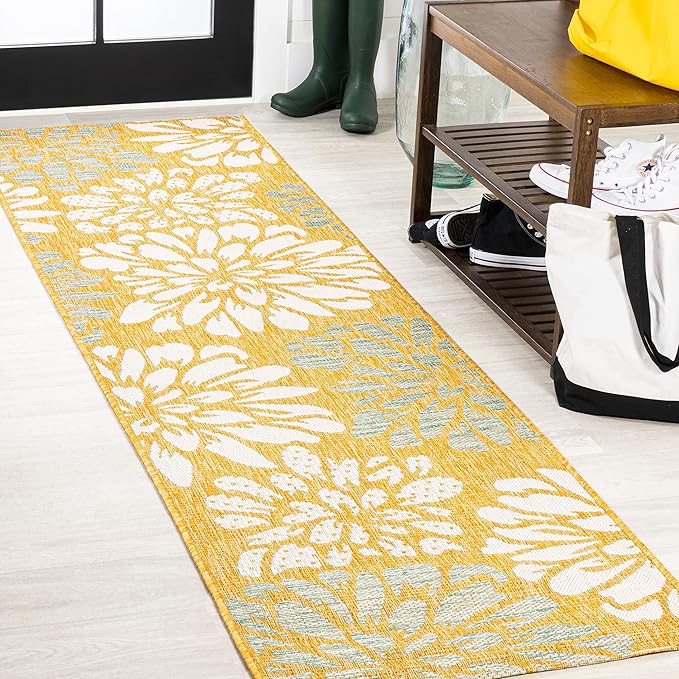JONATHAN Y Floral Textured Weave Indoor Outdoor Runner Rug 2X10 Yellow/Cream, Zinnia Modern for Backyard, Patio, Porch, Easy-Cleaning, High Traffic, Pet-Friendly, Non-Shedding (SMB110G-210)