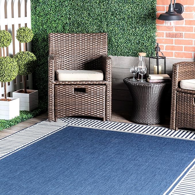 Nuloom Asha Navy/Ivory, 2' x 10', Casual, Striped Border, Soft and Cozy, High Traffic, Stain Resistant, Easy Clean, Durable Runner for Indoor/Outdoor Patio, Deck, Porch, Garden, Courtyard