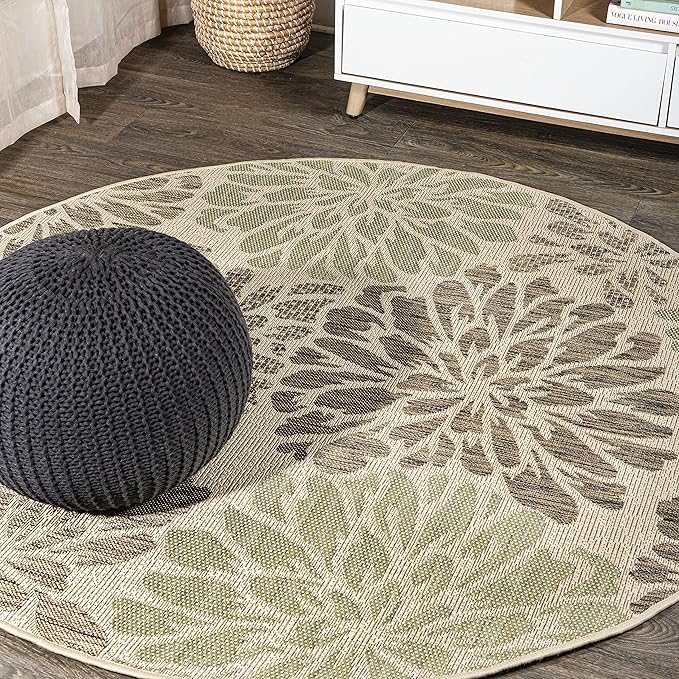 JONATHAN Y Floral Textured Weave Indoor Outdoor Round Area Rug 4 Ft Sage/Brown, Zinnia Modern for Backyard, Patio, Porch, Easy-Cleaning, High Traffic, Pet-Friendly, Non-Shedding (SMB110A-4R)