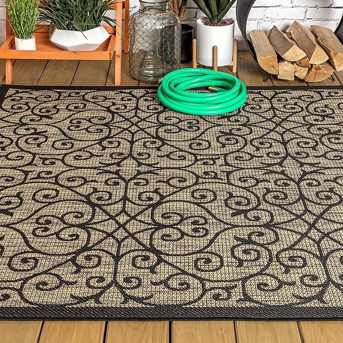 JONATHAN Y Vintage Filigree Indoor Outdoor Area Rug 5X8 Black/Khaki, Madrid Textured Weave for Backyard, Patio, Porch, Easy-Cleaning, High Traffic, Pet-Friendly, Non-Shedding (SMB107A-5)