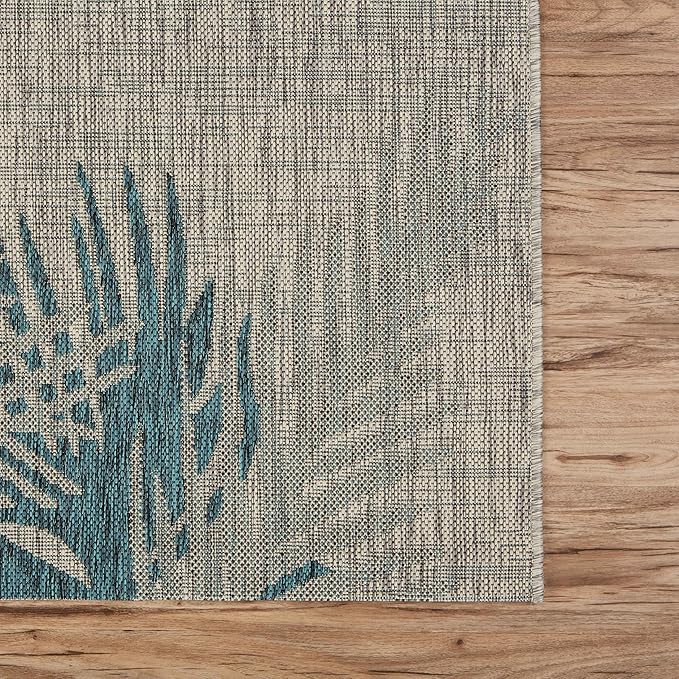 LR Home Captiva 5x7 Indoor/Outdoor Area Rug for Home Decor | Coastal Palm Leaf Carpet for Living Room, Bedroom, Playroom, Patio, Garden | Modern Farmhouse Rug | Blue/Beige