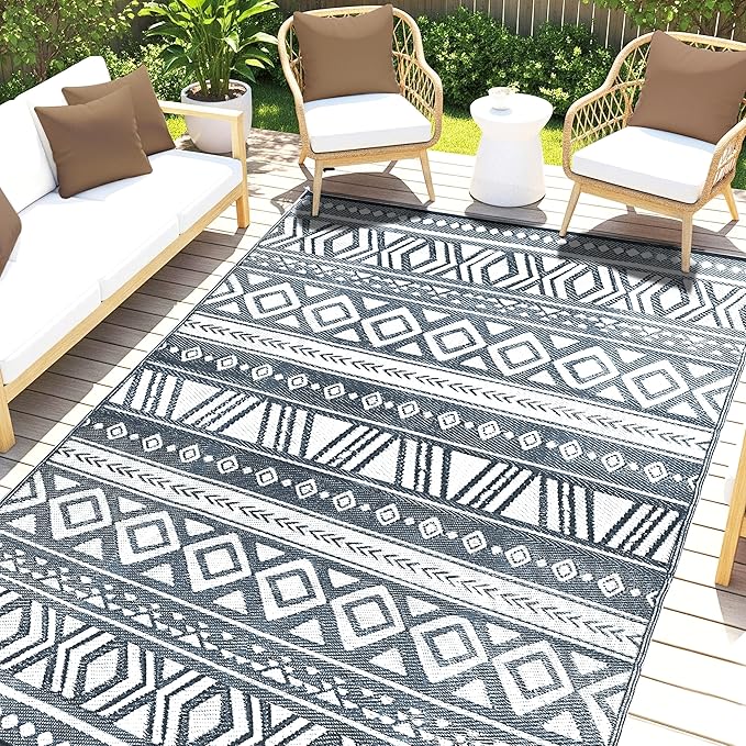 Utopia Home Waterproof Outdoor Rug for Patio 6 x 9 ft, Reversible Plastic Straw Mat for Camping, Picnics, Balcony, Patio, Aztec - Grey & Light Grey