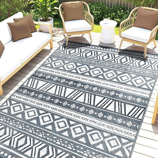 Utopia Home Waterproof Outdoor Rug for Patio 6 x 9 ft, Reversible Plastic Straw Mat for Camping, Picnics, Balcony, Patio, Aztec - Grey & Light Grey