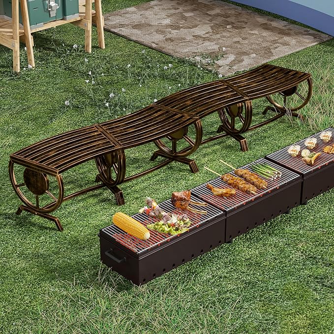 Outdoor Bench Patio Outdoor Garden Bench with Built-in Table, Wagon Wheel Arms, 3 People Outdoor Bench Garden Bench Front Porch Furniture (Bronze-22.83inch-4Pieces)