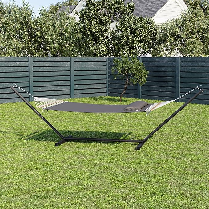 GarveeLife 57" 2 Person Outdoor Hammock, Widening Design Cotton Hammock with Metal Stand, Heavy Duty Construction, 450 LBS Weight Capacity, Dark Grey