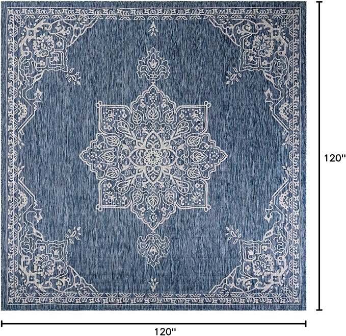 Unique Loom Outdoor Traditional Collection Area Rug - Antique (10' Square Blue/Ivory)