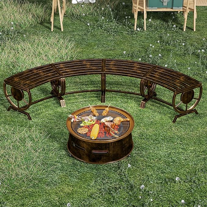 Outdoor Bench Patio Outdoor Garden Bench with Built-in Table, Wagon Wheel Arms, 3 People Outdoor Bench Garden Bench Front Porch Furniture (Bronze-22.83inch-4Pieces)