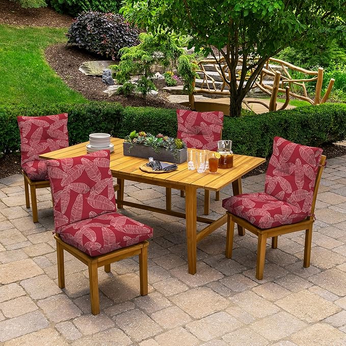 Arden Outdoor Plush Modern Tufted Blowfill Dining Chair Cushion, 21 x 40, Water Repellent, Fade Resistant, Tufted Cushion for Dining and Bistro Chairs, Red Leaf Palm