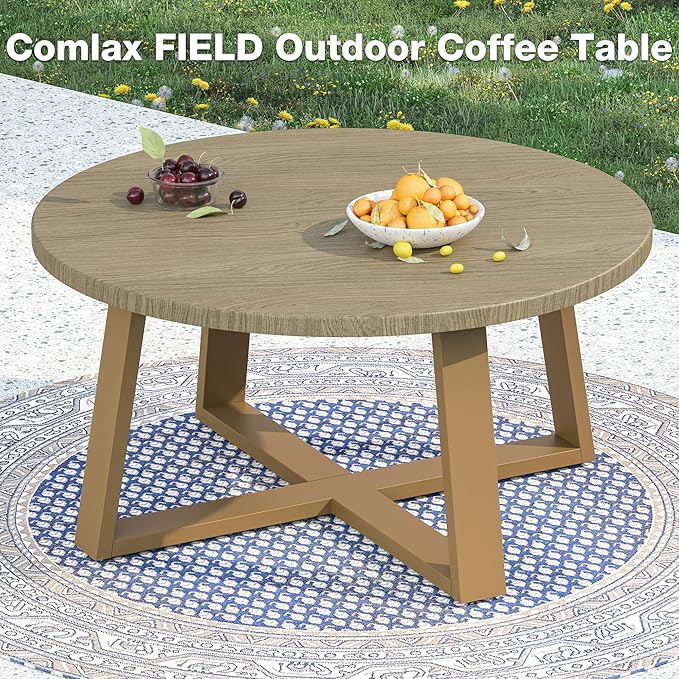 Indoor Round Coffee Table with 35.5” Woodgrain Finish Table Top, Outdoor Metal Modern Side Table 125lbs for Backyard Porch Balcony Living Room, Brown