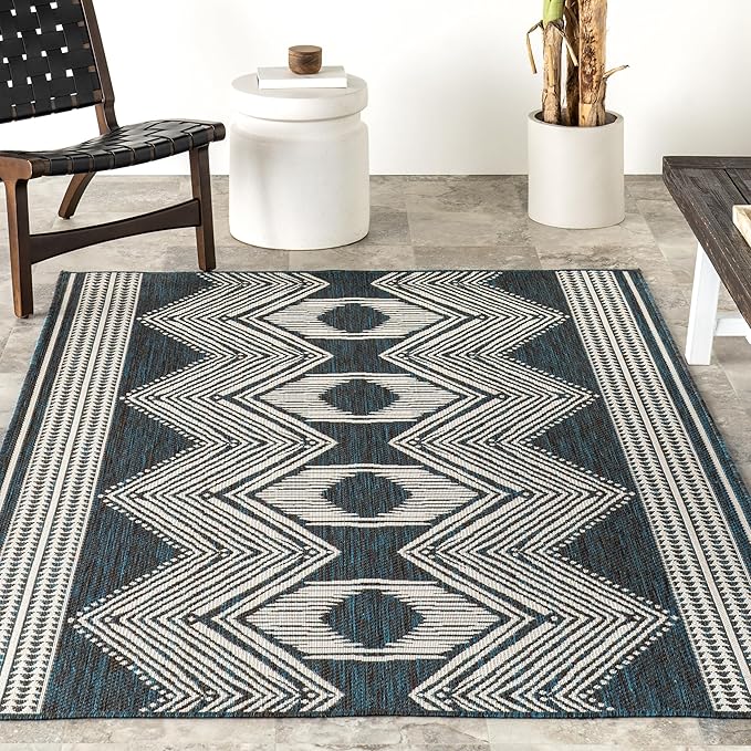 Nuloom Ranya Turquoise/Ivory, 8' x 10', Tribal Geometric, Soft and Cozy, High Traffic, Stain Resistant, Easy Clean, Durable Area Rug for Indoor/Outdoor Patio, Deck, Porch, Garden, Courtyard