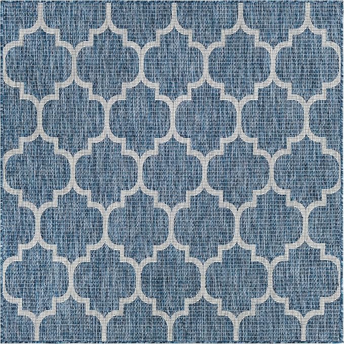 Unique Loom Outdoor Trellis Collection Area Rug (5' Square Navy Blue/Ivory)