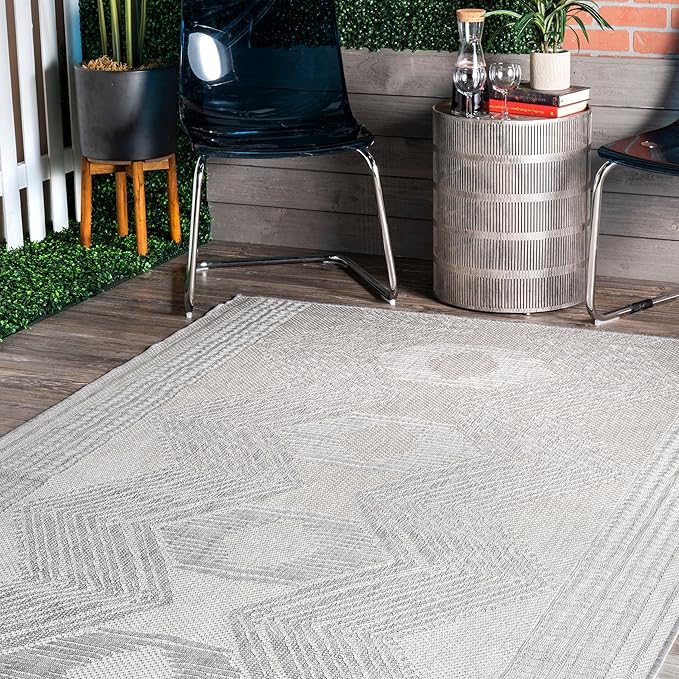 Nuloom Ranya Light Grey/Ivory, 8' Round, Tribal Geometric, Soft and Cozy, High Traffic, Stain Resistant, Easy Clean, Durable Area Rug for Indoor/Outdoor Patio, Deck, Porch, Garden, Courtyard