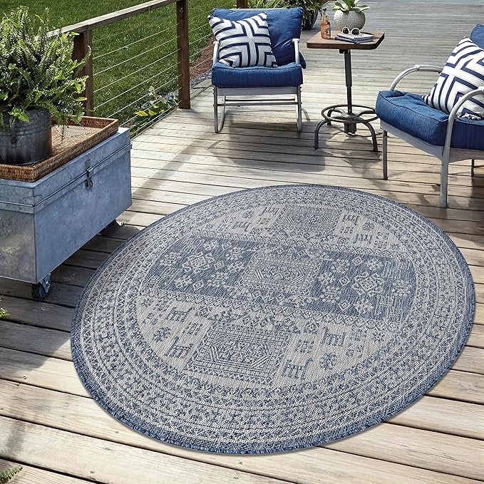 Keen Home Design Terrace Outdoor Area Rug - 63" Round Washable Indoor/Outdoor Rug for Patio, Kitchen, Balcony, Beach, Garden, Deck and Porch, Size: 5'3" Round, Force Navy