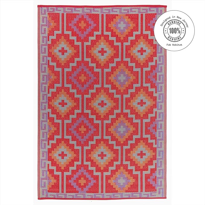 Fab Habitat Outdoor Rug - Waterproof, Fade Resistant, Crease-Free - Premium Recycled Plastic - Vintage Kilim - Porch, Deck, Balcony, Mudroom, Laundry Room, Patio - Lhasa - Orange & Violet - 3 x 5 ft