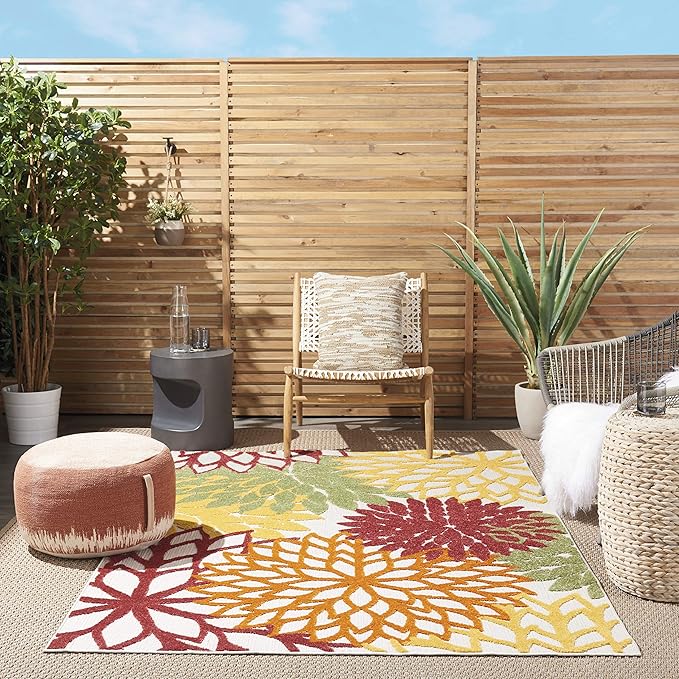 Nourison Home Aloha Indoor/Outdoor Red Multi Colored 5'3" x 7'5" Area Rug, Tropical, Botanical, Easy Cleaning, Non Shedding, Bed Room, Living Room, Dining Room, Deck, Backyard, Patio (5x7)