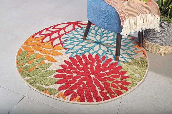 Nourison Home Aloha Indoor/Outdoor Green 5'3'' x Round Area-Rug, Tropical, Botanical, Easy-Cleaning, Non Shedding, Bed Room, Living Room, Dining Room, Deck, Backyard, Patio (5 Round)