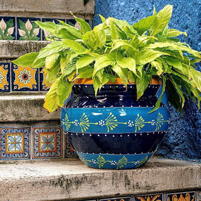 Evergreen Garden Talavera Mexican Pottery Ceramic Chata | Flower Pot Plant Succulent | Indoor Outdoor (12 in. Blue Striped)