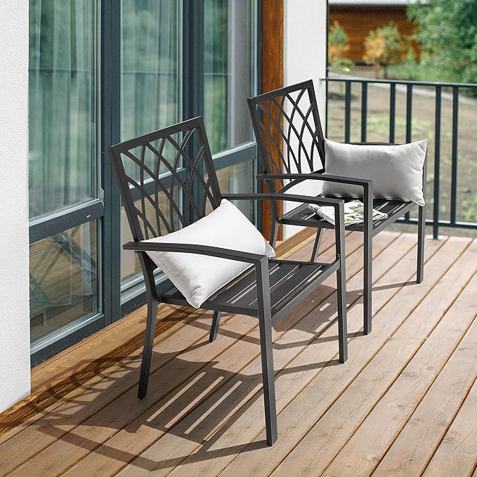 NUU GARDEN Outdoor Patio Dining Chairs Set of 2, Stackable Metal Patio Chairs with Armrests, Portable Dining Chairs for Backyard, Lawn, Deck, Porch, Poolside, Bistro, Black