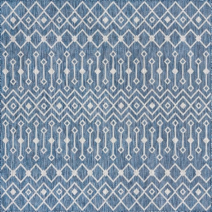 Unique Loom Outdoor Trellis Collection Area Rug - Tribal Trellis (8' Square, Blue/ Ivory)