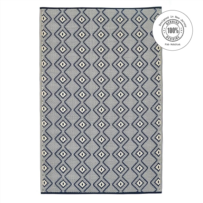 Fab Habitat Outdoor Rug - Waterproof, Fade Resistant, Crease-Free - Premium Recycled Plastic - Boho Geometric Diamond - Patio, Deck, Porch, Balcony, Laundry Room - Rabat - Blue & Cream - 4 x 6 ft
