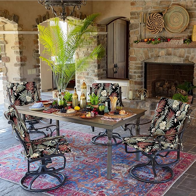 Arden 4-Pack Outdoor Patio Dining Chair Cushion, 20x44, Rain-Proof Seat Pad, Fade-Resistant Outdoor Cushion Simone Black Tropical